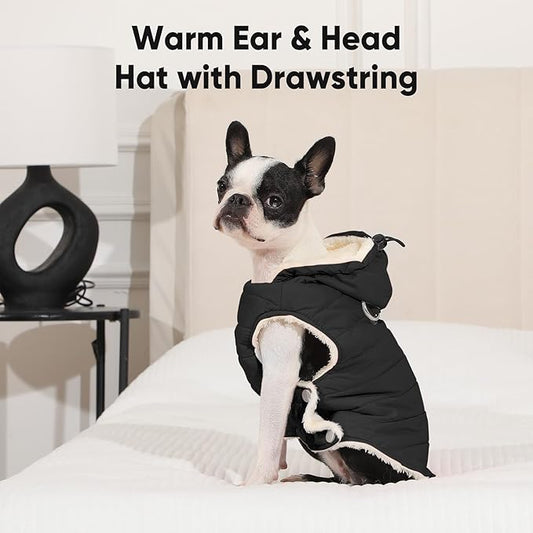 Fleece Lining Dog Hoodie with Harness Built in,Extra Warm Small Dog Jacket in Winter Puppy Coats with Drawstring Hooded,Black S