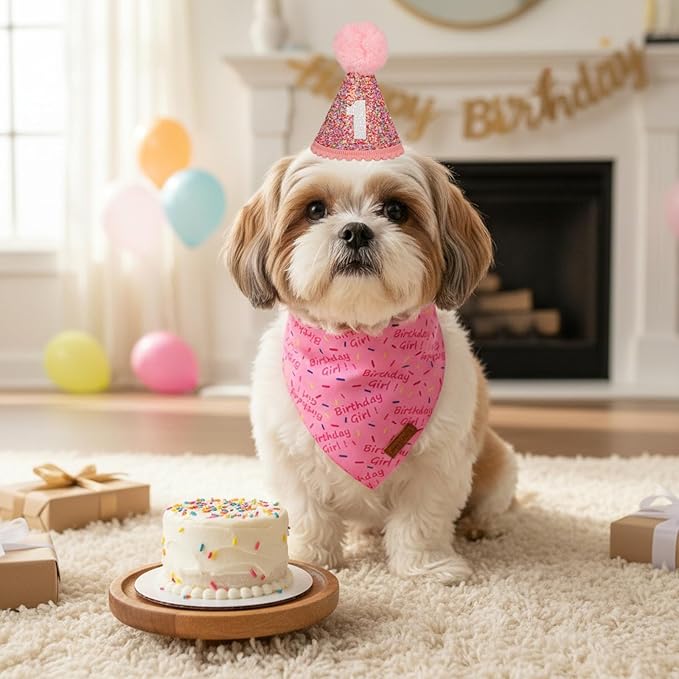 PTDECOR Dog Birthday Party Supplies, Pink Birthday Girl Bandana, Glitter Dog Birthday Hat with Numbers for Small Dogs Pets (Small)