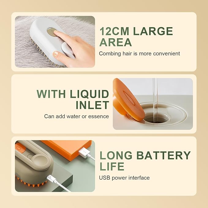 4 in 1 Cat Steam Brush for Shedding, Cat Brush with Steam, Pet Groomer Comb for Massage, Cleaning, Shedding & Combing, Hair Removal Comb for Cats Dogs (Khaki, For long hair)