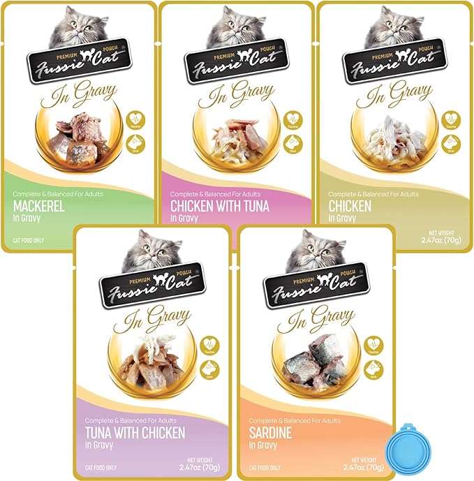 Fussie Cat Premium Wet Cat Food in Gravy (5 Pack) 2.47-oz Pouches, 5 Flavor Variety Pack+ lid