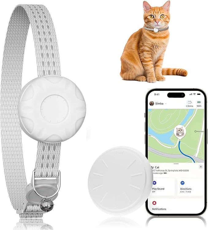GPS Tracker for Cats, Compatible with Apple Find My App (Only iOS), No Monthly Fee, Waterproof (White Tracker, White Cat Collar)