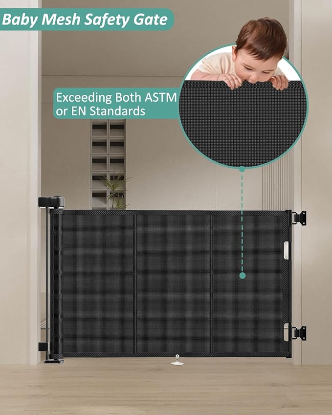 71 inch Retractable Baby Gates 42 inch Tall, Retractable Gate with Reinforced Strip Design to Prevent Crawling Through, 6 FT Retractable Dog Gate for Stairs, Doorways, Hallways, Indoor/Outdoor