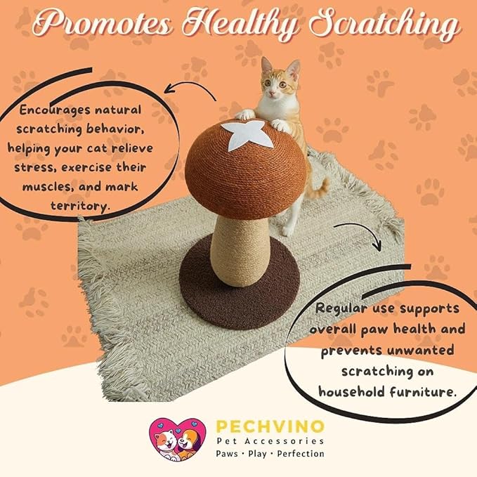 Shiitake Mushroom Cat Scratching Post, Mushroom Cat Scratcher for Indoor Cats, 100% Sisal Scratch Pole with Pompom Toy, Cute Durable Furniture