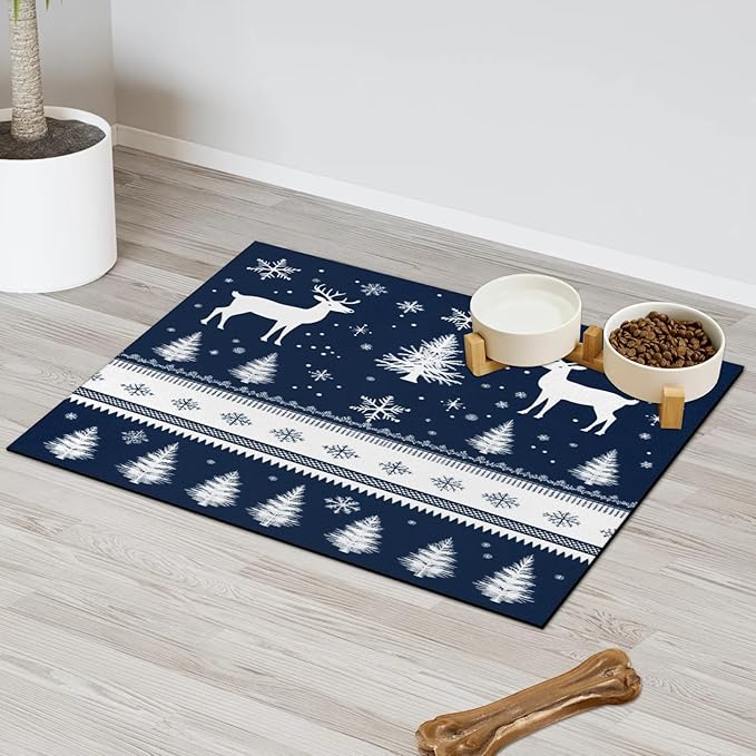 Christmas Tree Deer Snowflake Dog Food Mat for Floors Absorbent, Quick Dry Water Dispenser Mat for Food, Water, Pet Supplies 17" x 30",