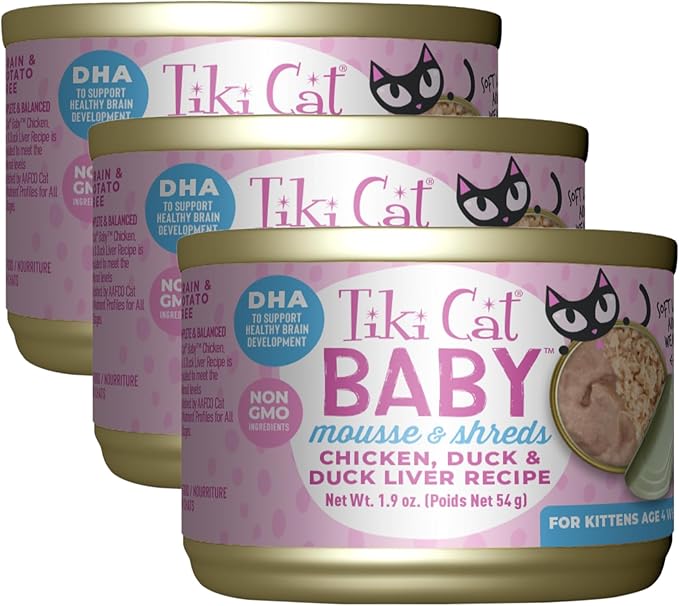 Tiki Cat Baby, Chicken Duck & Duck Liver Mousse & Shreds, High-Protein and Flavorful, Wet Cat Food for Kittens 4 Weeks Plus, 1.9 oz. Cans (Pack of 9)