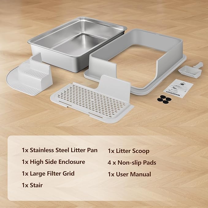 XXXL Stainless Steel Litter Box, 28"x20"x12" Extra Large Semi Enclosed High Sided Metal Cat Litter Box with Filtered Grid, Step, Scoop, Non-Sticky, Non-Odor, Easy Cleaning (Light Gray)