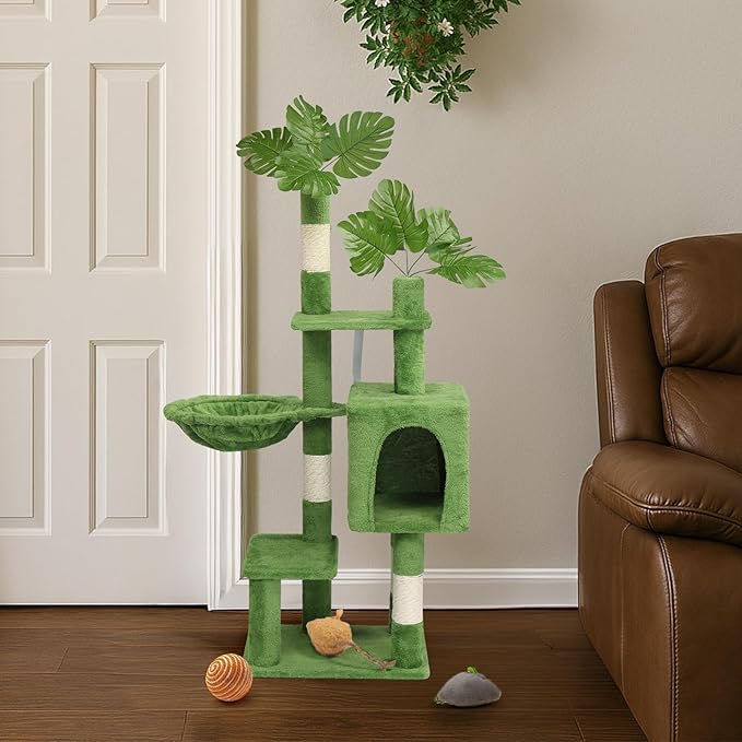 48in Plush Cat Tree with Leaves, Multi-Level Cat Tower with Scratching Post, Cozy Condo & Padded Perch, Dangling Ball for Kittens and Indoor Cats, Compact Cat Furniture for Small Spaces, Green