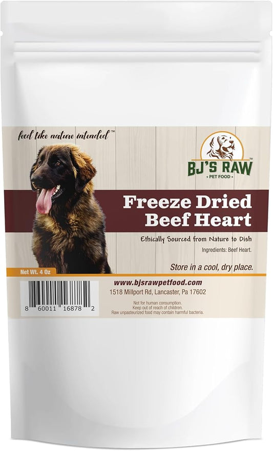 BJ'S RAW PET FOOD Freeze Dried Beef Heart Treats | High-Protein Pet Topper & Snack | Made in USA, 4-Ounce