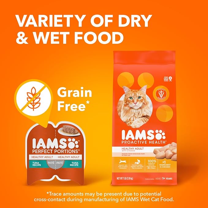 IAMS Perfect Portions Healthy Adult Wet Cat Food Pate,Chicken and Tuna Recipe Variety Pack,Easy Peel -Pack Trays (,24 Servings),12 Count (Pack of 4)