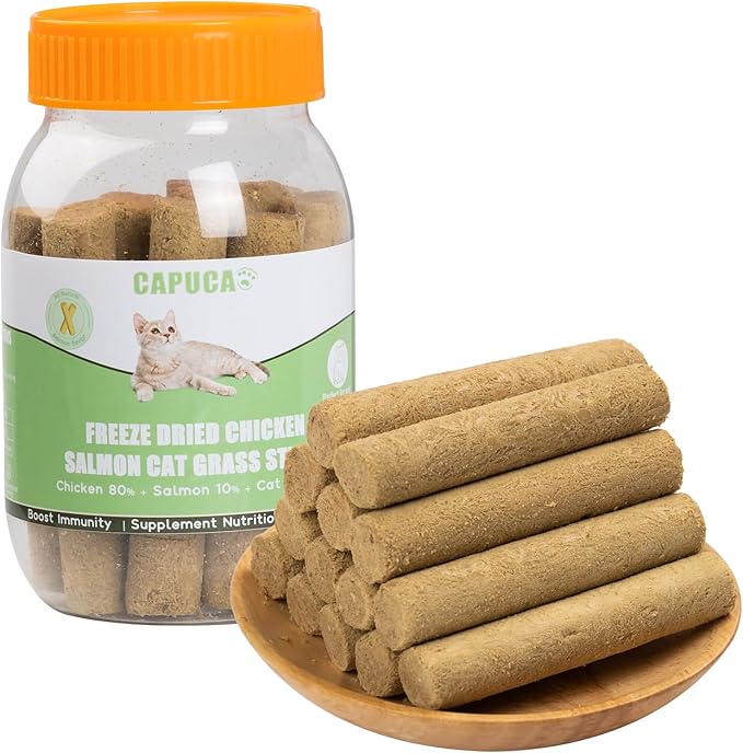 Cat Grass Teething Stick 80g - Freeze-Dried Chicken & Salmon Dental Cat Treats Hairball Control, High Protein Snacks for Kittens & Cats