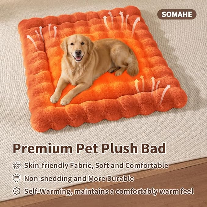 Self-Warming Dog Bed, Plush Faux Fur Mat with Anti-Slip Bottom, Ultra Soft Heated Pet Bed for Medium Large Dogs, Cozy Fluffy Pad for Carriers Couch Crate, Machine Washable, 35 x 27 Inch Orange