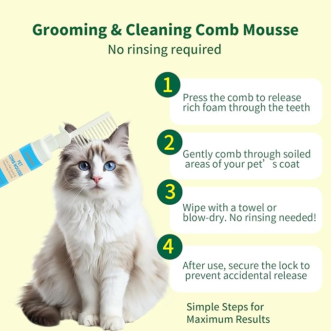 2-in-1 Pet Grooming Kit, Gentle Comb and Waterless Cleaning Mousse for Dogs and Cats, No-Rinse Foam for Fresh-Smelling, Soft, Tangle-Free Coats