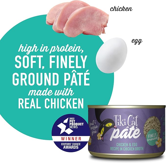 Tiki Cat Luau Pâté, Chicken and Egg Recipe in Chicken Broth, Grain-Free Balanced Nutrition Wet Canned Cat Food, for All Life Stages, 5.5 Oz. Cans (Pack of 8)