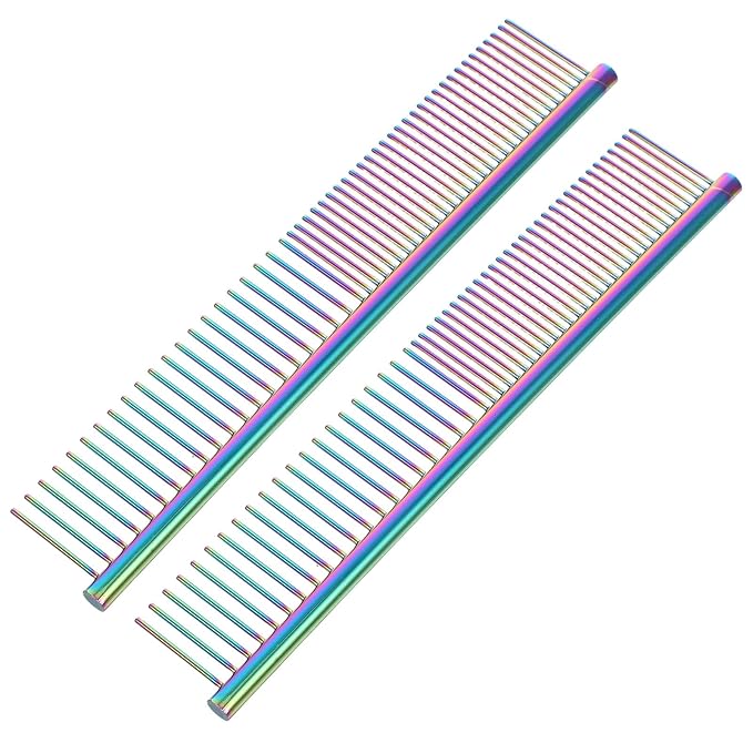 2pcs Stainless Steel Pet Comb with Rounded Teeth for Dog and Cat Grooming, Fine and Wide Tooth Detangler Hair Brush for Home Use