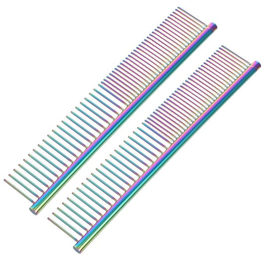 2pcs Stainless Steel Pet Combs with Rounded Fine Teeth, Multi-purpose Metal Dog and Cat Grooming Brushes for Dematting and Tangle Removal, Suitable for Long and Short Hair Pets