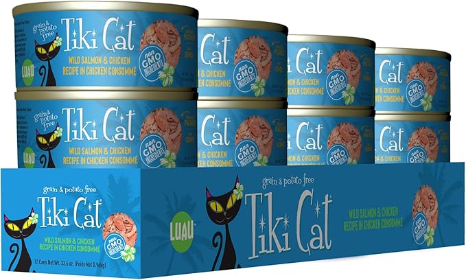 Tiki Cat Luau Shredded Meat, Wild Salmon & Chicken Recipe in Chicken Consumme, Grain-Free Balanced Nutrition Wet Canned Cat Food, For All Life Stages, 2.8 oz. Can (12 Count)