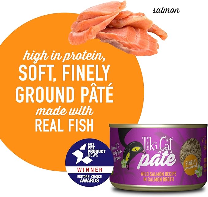 Tiki Cat Luau Pâté, Wild Salmon Recipe in Salmon Broth, Grain-Free Balanced Nutrition Wet Canned Cat Food, for All Life Stages, 5.5 oz. Cans (Pack of 8)