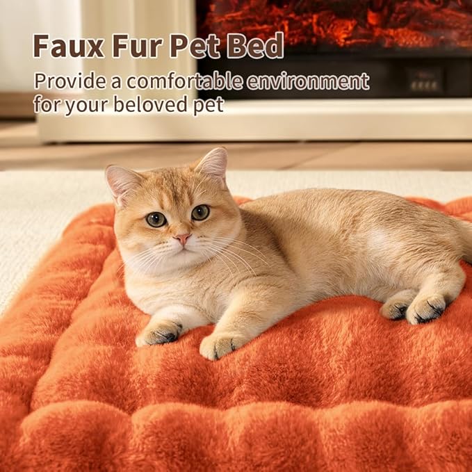 Self-Warming Cat Bed, Plush Faux Fur Pet Bed Mat with Anti-Slip Bottom, Ultra Soft Heated Pad for Cats & Kittens, Cozy Fluffy Bed for Window & Sills Couches, Machine Washable, 23x15 Inch Orange