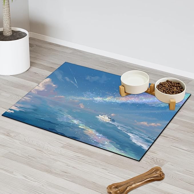Sea Dog Food Mat for Floors Absorbent, Quick Dry Water Dispenser Mat for Food, Water, Pet Supplies 12" x 20", Rainbow