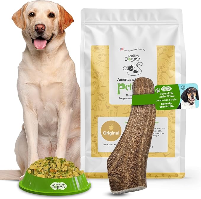 Healthy Dogma Premium Dog Care Bundle | PetMix Original 2lbs Dehydrated Dog Food & Whole Elk Antler Chew | Supports Nutrition, Joint Health & Long-Lasting Chewing Satisfaction