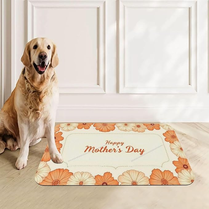 Dog Food Mats for Floors Absorbent Pet Cat Food Mat Happy Mother's Day Floral Gift Mom Orange Lf Non Slip Dogs Bowl Mats for Water Dog Placemats Feeding Mat Pet Supplies 18X12In
