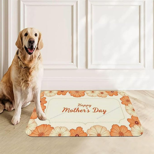 Dog Food Mats for Floors Absorbent Pet Cat Food Mat Happy Mother's Day Floral Gift Mom Orange Lf Non Slip Dogs Bowl Mats for Water Dog Placemats Feeding Mat Pet Supplies 18X12In