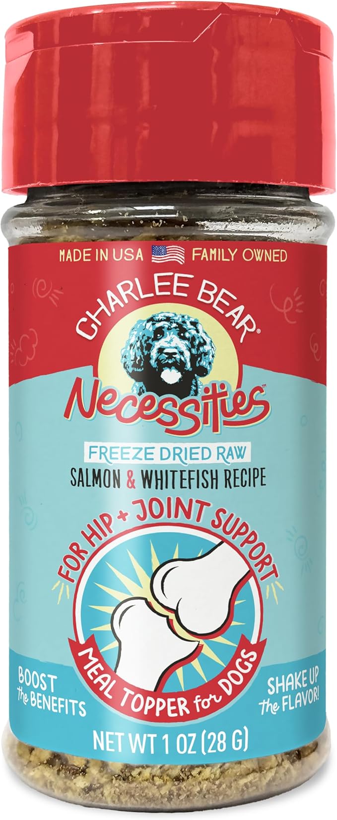 Charlee Bear Necessities Freeze Dried Dog Food Topper, Hip and Joint Support, Grain Free, High Protein, Limited Ingredient Meal Toppers for Dogs, Salmon and Whitefish Recipe, 1 Ounce