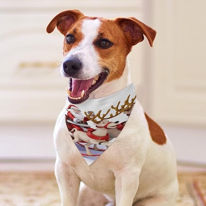 Dog Bandana Spring Pet Scarf Adjustable Triangle Santa Claus Reindeer Sled Printing Dog Bib Washable Polyester Puppy Bandana for Small Medium Large Dogs Cat Birthday Party Supplies