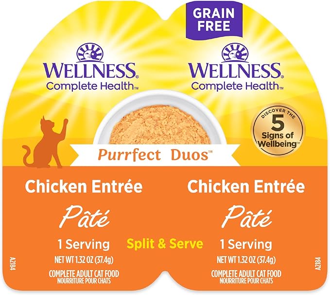 Wellness Complete Health Purrfect Duos, Pate, Adult Wet Cat Food, Natural, Protein-Rich, Grain-Free, 2.64 Ounce, 12 Pack, (Chicken Entrée Recipe)