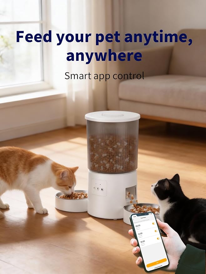 Automatic Cat Feeder, 2.4GHz WiFi Automatic Dog Food Dispenser, Fresh Protection, 4L Timer Feeder, Personalized Recording 10 Seconds, Easy to Clean, Stainless Steel Bowl (Double/White)