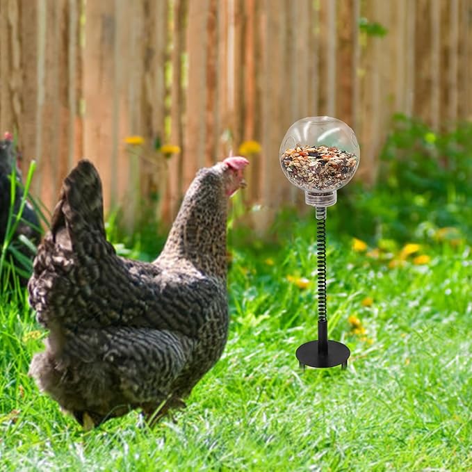 Chicken Enrichment Toys with Spring and Ground Stake, 2 Peck Treat Dispenser, Chicken Feeder for Coop, Coop Accessories for Hens, Geese, Ducks, Turkeys, Other Poultry