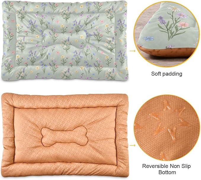 Dog Bed for Crate Washable Pet Sleep Pad, Floral Print Kennel Mat with Non-Slip Bottom, Soft Fluffy Supplies Pet for Dogs and Cats (24x18 inch)