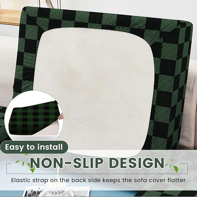 HANDONTIME 8Pcs Christmas Patio Cushion Covers Stretch Outdoor Couch Cover Green and Black Buffalo Check Replacement Cushions Plaid Patio Furniture Covers for Pets Sofa Covers Washable, Cover Only