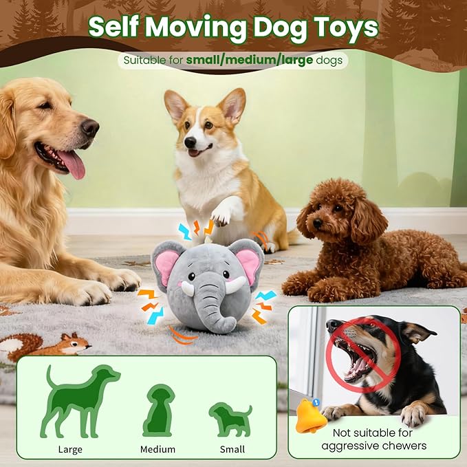 Interactive Dog Toys, Self Moving Dog Toy to Keep Them Busy, Electronic Vibrating Dogs Toy/Squeaky Bouncing Ball for Small Medium Large Dogs with Jumping Music Talking Silent Mode (Elephant)