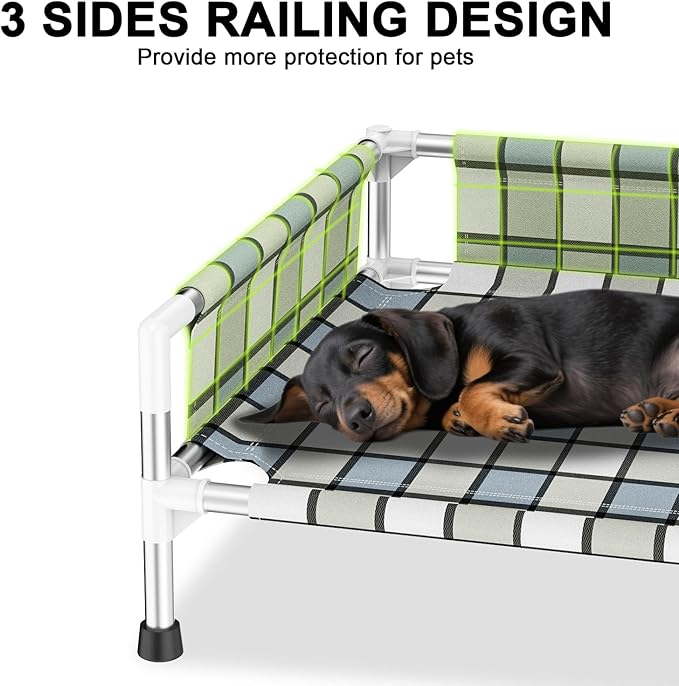 Elevated Raised Outdoor Dog Bed - Cooling Washable Dog Cot with Guardrail, Durable & Breathable Cotton Mesh Pet Hammock Beds with Stainless Steel Pipe Frame for Small Pets (20'' x 20'' x 12'')