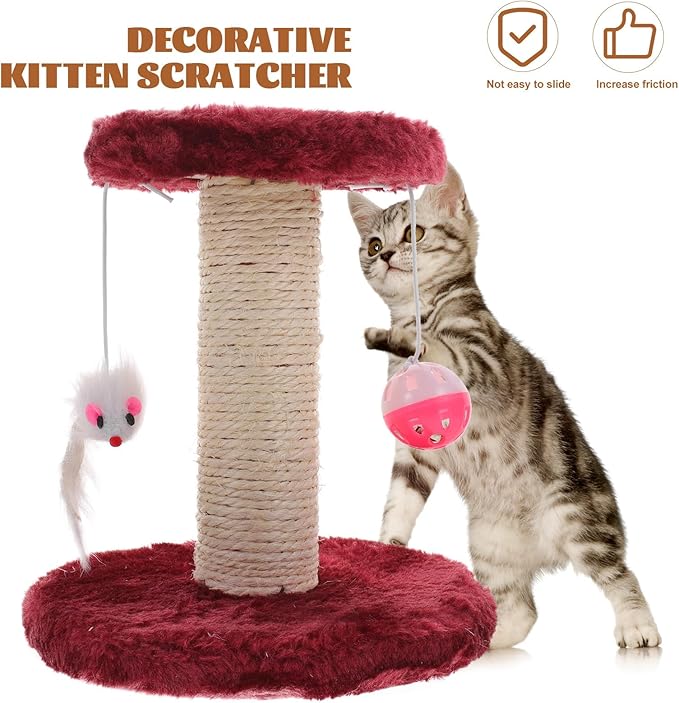 Cabilock Indoor Cat Scratching Post with Hanging Balls Double-Layer Sisal Scratching Tower Small Floor Cat Scratcher for Kittens with Bell Accessory Random Color
