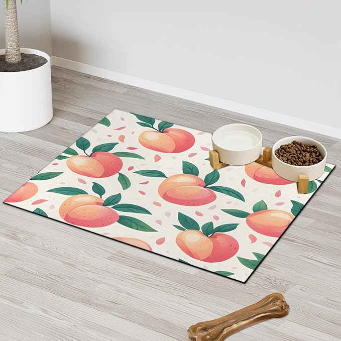 Peach Fruit Dog Food Mat for Floors Absorbent Dog Bowl Mat for Food and Water Dispenser Quick Dry Cat Food Placemat Pet Supplies 24" x 32", Pink Peachy
