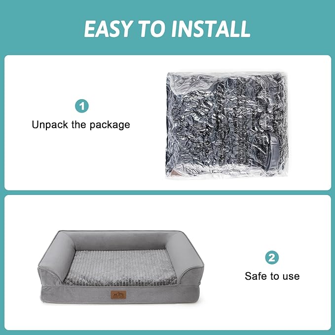Orthopedic Large Dog Beds, Bolster Pet Couch with Waterproof Lining, Egg Crate Foam Sofa for Pets Up to 65 lbs, U-Shaped, 36x27x7.5 inch, Grey