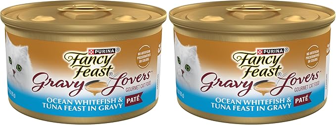 Fancy Feast Purina Gravy Lovers Ocean Whitefish and Tuna Feast Pate in Wet Cat Food Gravy - 3 oz. Cans,(Pack of 48)