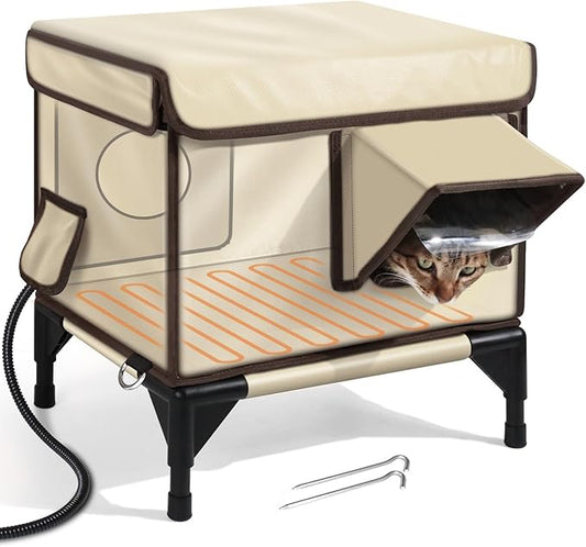 Weatherproof Heated Cat House for Outdoor in Winter, Heated Cat Bed Kitty Shelter with Cat Heating Pad, Insulated & Safe Escape Door, Warm House for Outside Stray Cat (Beige, 17.7"x25.5"x17.9")