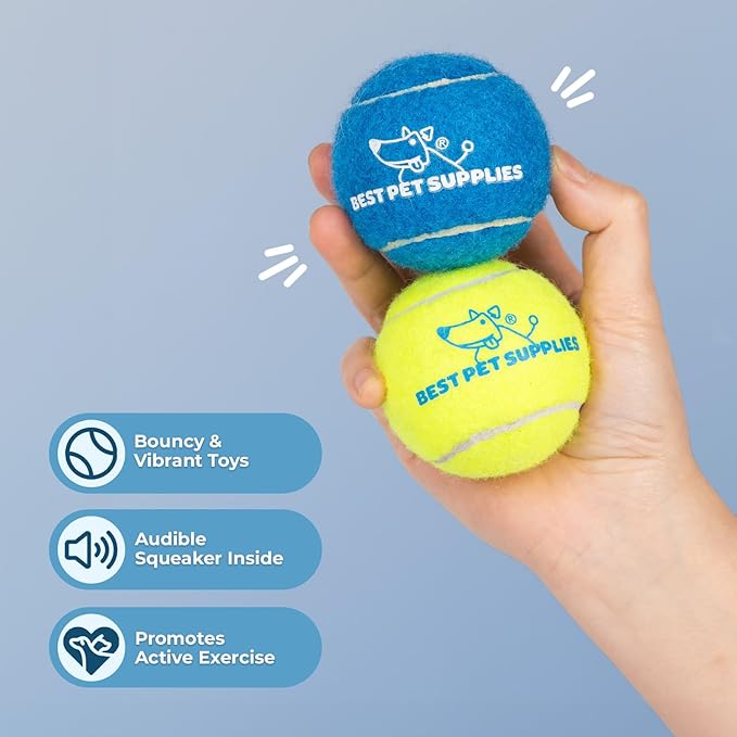 Best Pet Supplies Interactive Squeaky Dog Chew Toy, Ideal Dog Toys for Chewers, Small, Medium & Large Dogs, and Fetch Lovers - Tennis (Assorted Color), Medium (Pack of 8)
