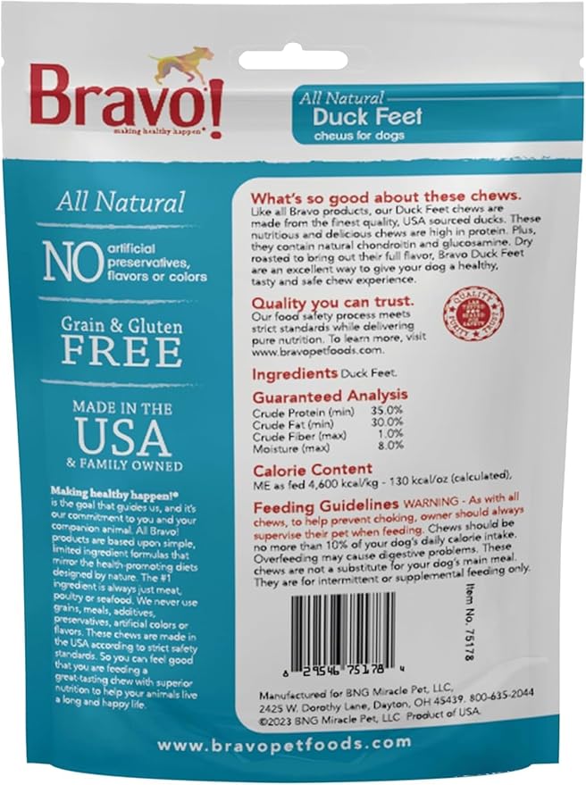 Bravo! Bonus Bites Single Ingredient Dry Roasted Dog Chews, Duck Feet, 5 Ounce, High Protein, Grain Free, Gluten Free