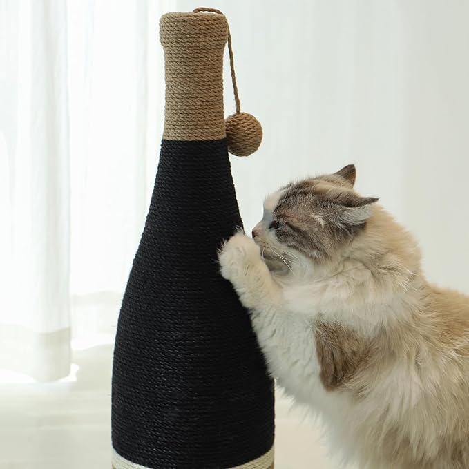 Cat Scratching Post, Premium Cat Scratching Board, Sisal Fiber Cat Scratcher-24.8 Inches with Hanging Ball, Red Wine Bottle Simple Design-Suitable Indoor Small and Medium Cats (24.8 in, Wooden Base)