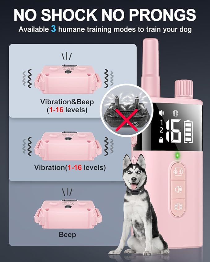 No Shock Dog Training Collar with Remote, Dog Vibration Collar with Controller Beep and Vibrate Only, Safe Lock Waterproof Rechargeable Vibrating Collars for Dogs(10-120 lbs)-No Prongs (Pink)