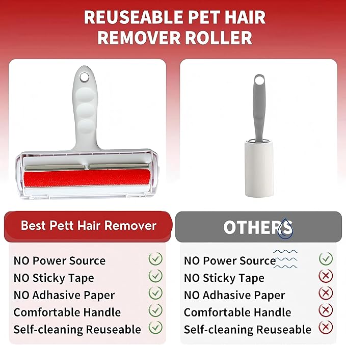 Self-Cleaning Pet Hair Remover Roller for Furniture, Reusable Lint Roller and Dog/Cat, Carpet, Clothing - Portable Multi Surface Fur Removal
