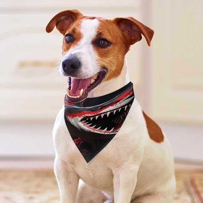 Dog Bandana Spring Pet Scarf Adjustable Triangle Red-Black Shark Printing Dog Bib Washable Polyester Puppy Bandana for Small Medium Large Dogs Cat Birthday Party Supplies