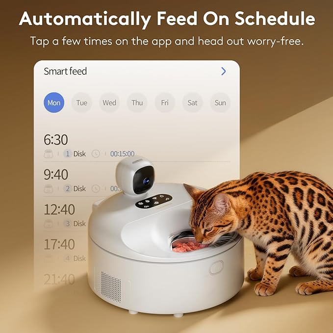 Automatic Cat Feeder Wet Food for 5 Meals, Semiconductor Cooling & 𝐏𝐫𝐞-𝐇𝐞𝐚𝐭𝐢𝐧𝐠 Pet Food Dispenser with Night Vision Camera, App-Controlled Auto Cat Feeder with Food-Grade Stainless Tray