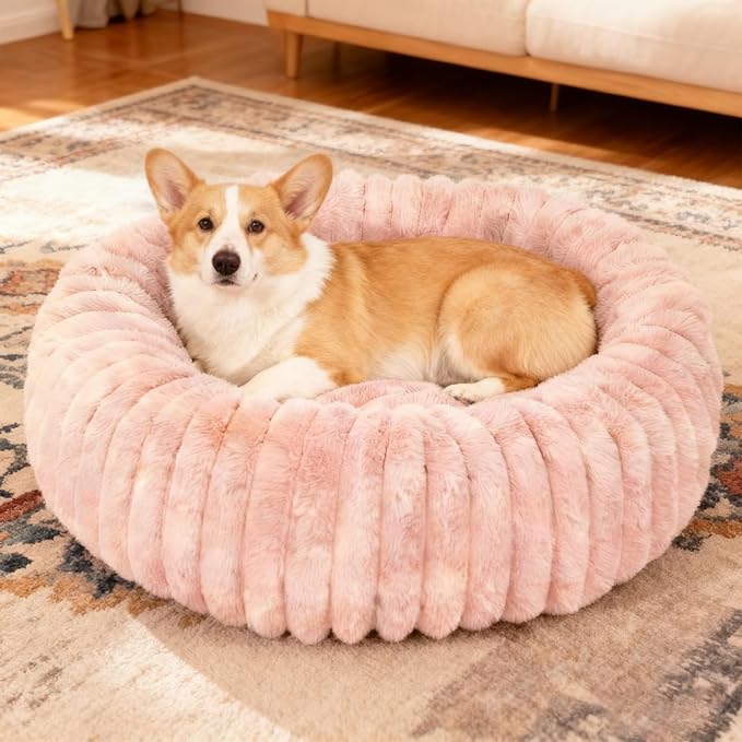 Washable Small Cat Dog Bed,Calming Anti Anxiety Round Donut Dog Bed,Fluffy Puppy Dogs Beds for Medium Small Dogs,Cute Kitten Cats Beds for Indoor Cats,Comfort Pet Beds for Medium Size Dog(Pink,M)