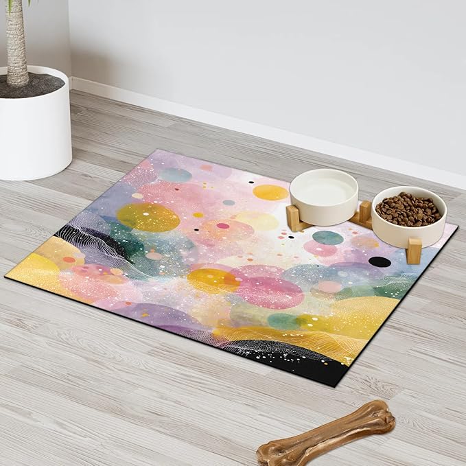 Polka Dot Dog Food Mat for Floors Absorbent Dog Bowl Mat for Food and Water Dispenser Quick Dry Cat Food Placemat Pet Supplies 16" x 24", Boho Circle