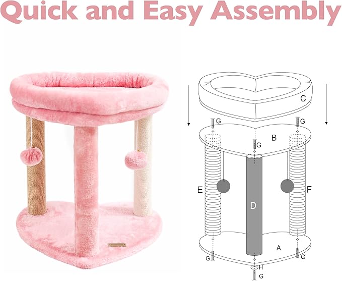 Cat Scratching Post Tree 3 in 1 Cat Tree Tower with Soft Bed, Heart Shape Scratch Posts with Two Hanging Ball Toys for Indoor Cats and Kittens Pink